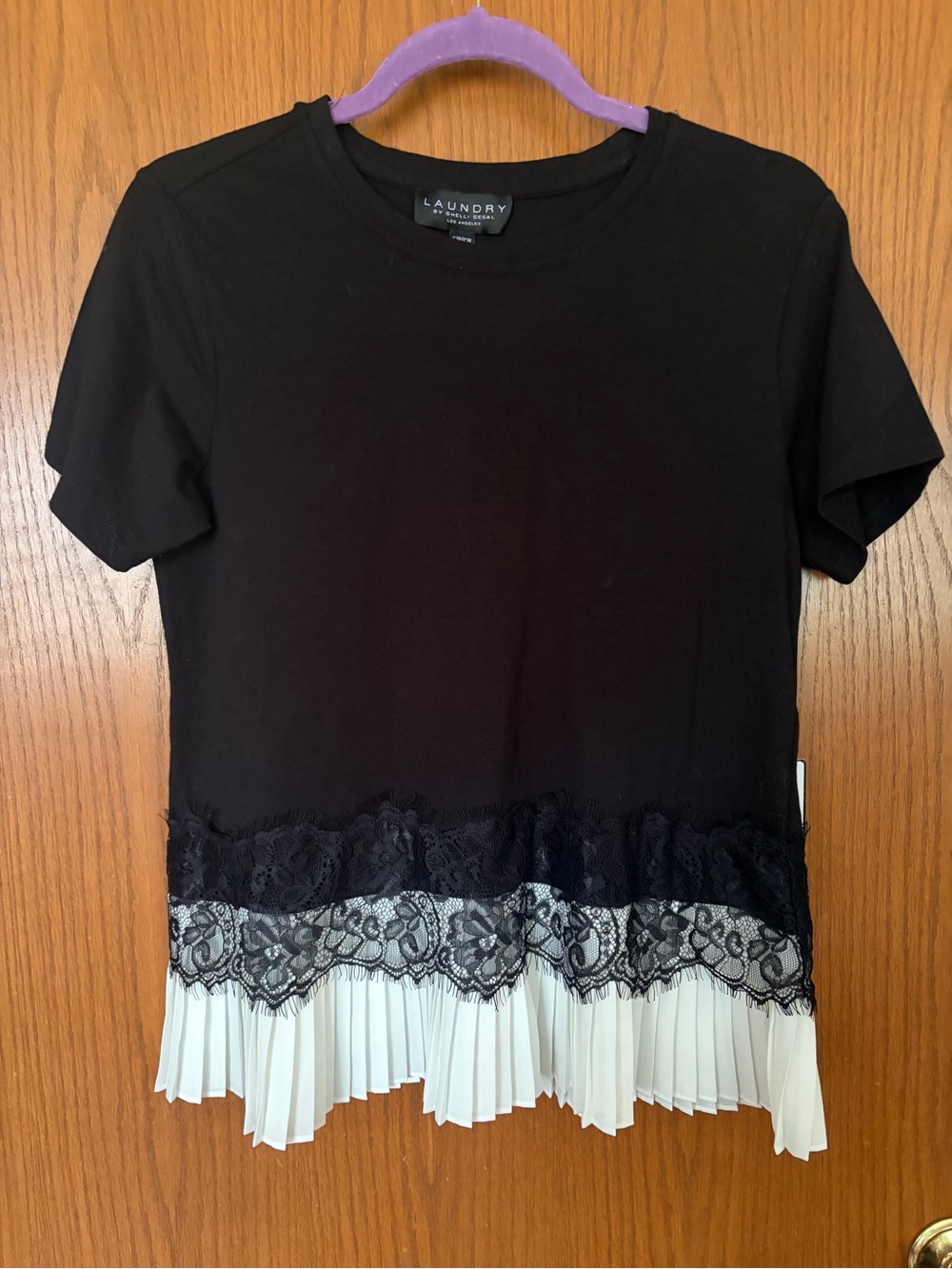 Laundry By Shelli Segal Black Tee with Lace Trim and  Pleated Hem